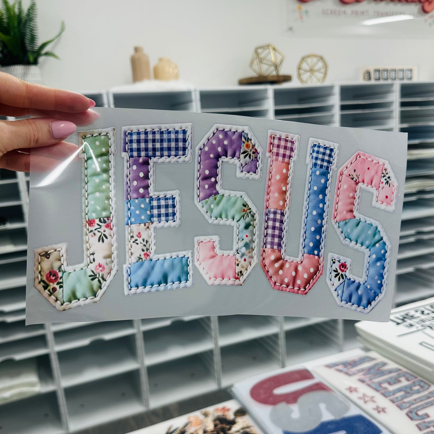 quilted JESUS clear film screen print