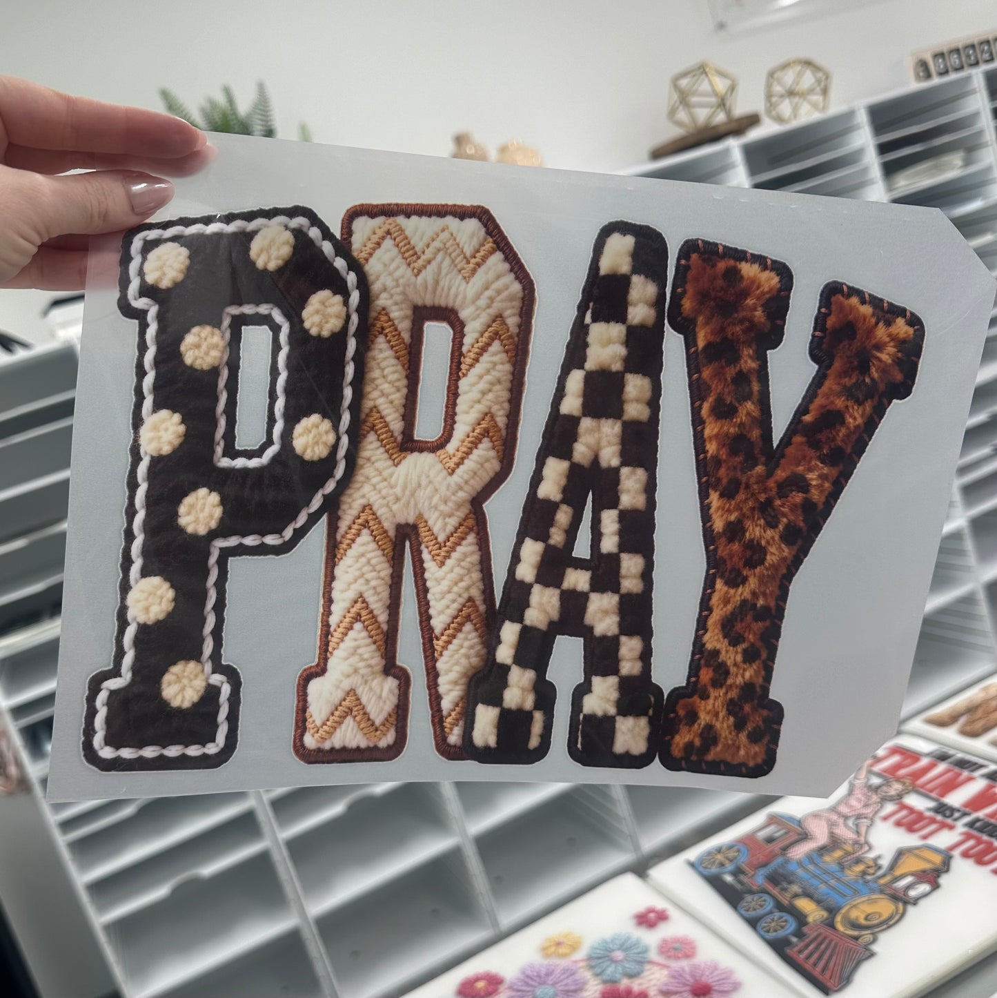 Pray faux yarn clear film screen print