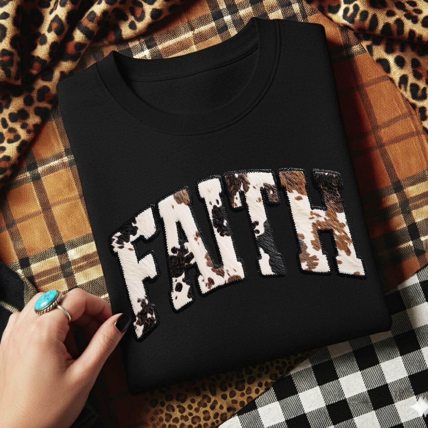 cow print FAITH clear film screen print