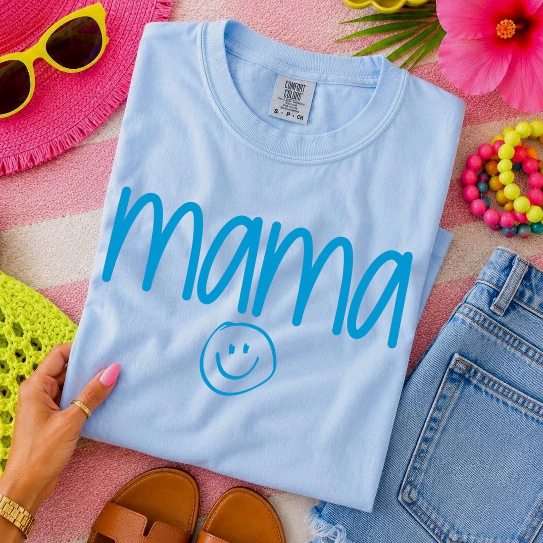 mama bright blue screen print transfer•