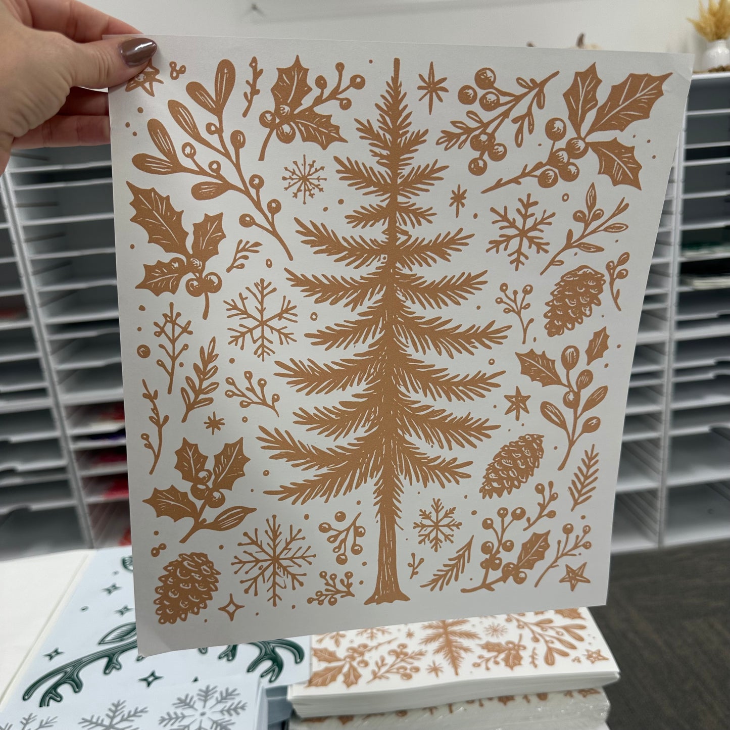 Tan ink Winter tree screen print transfer