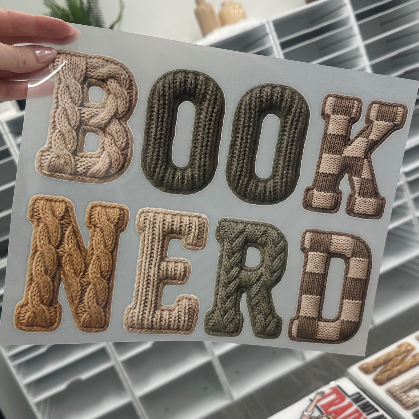 Book Nerd faux yarn clear film screen print
