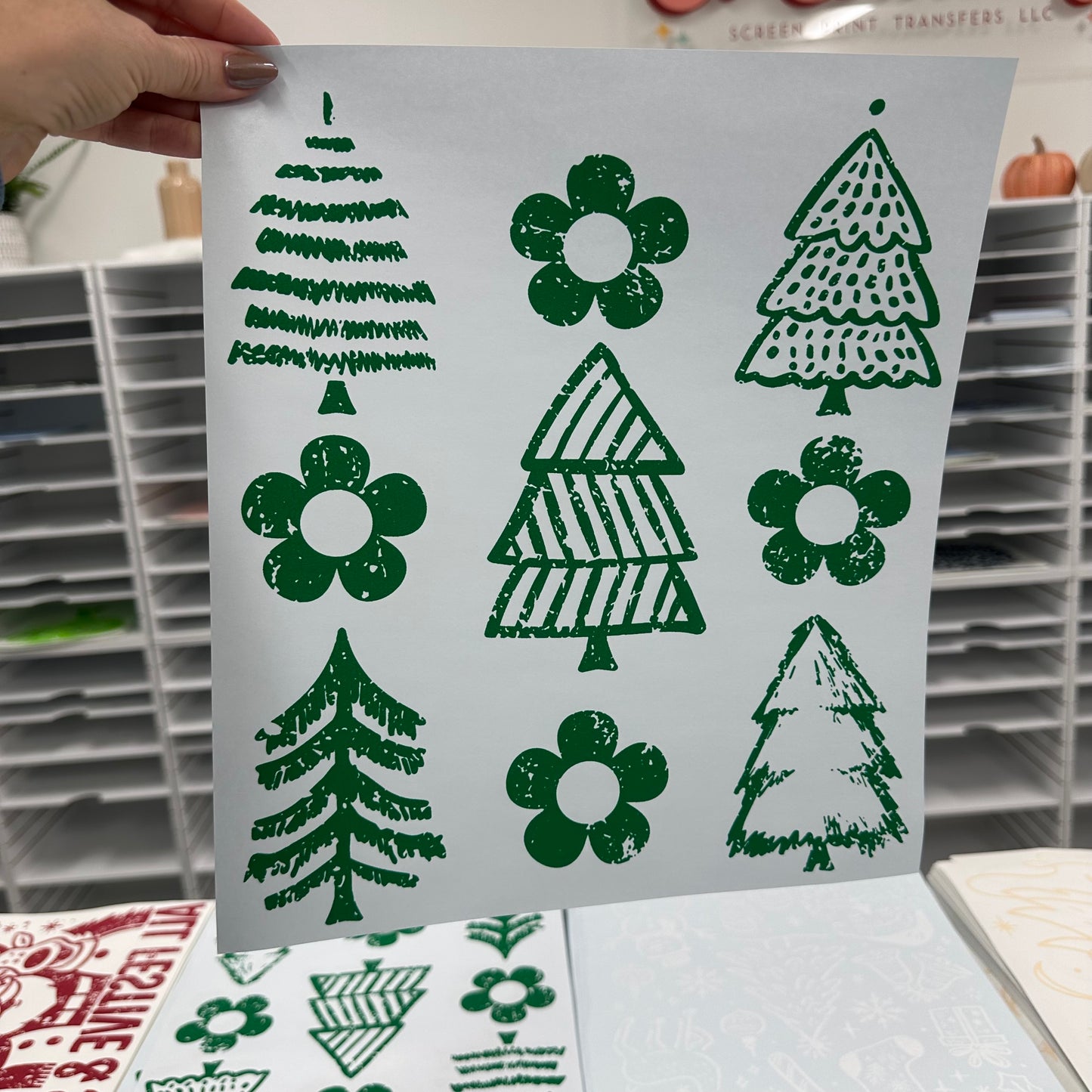 retro christmas trees green screen print transfer