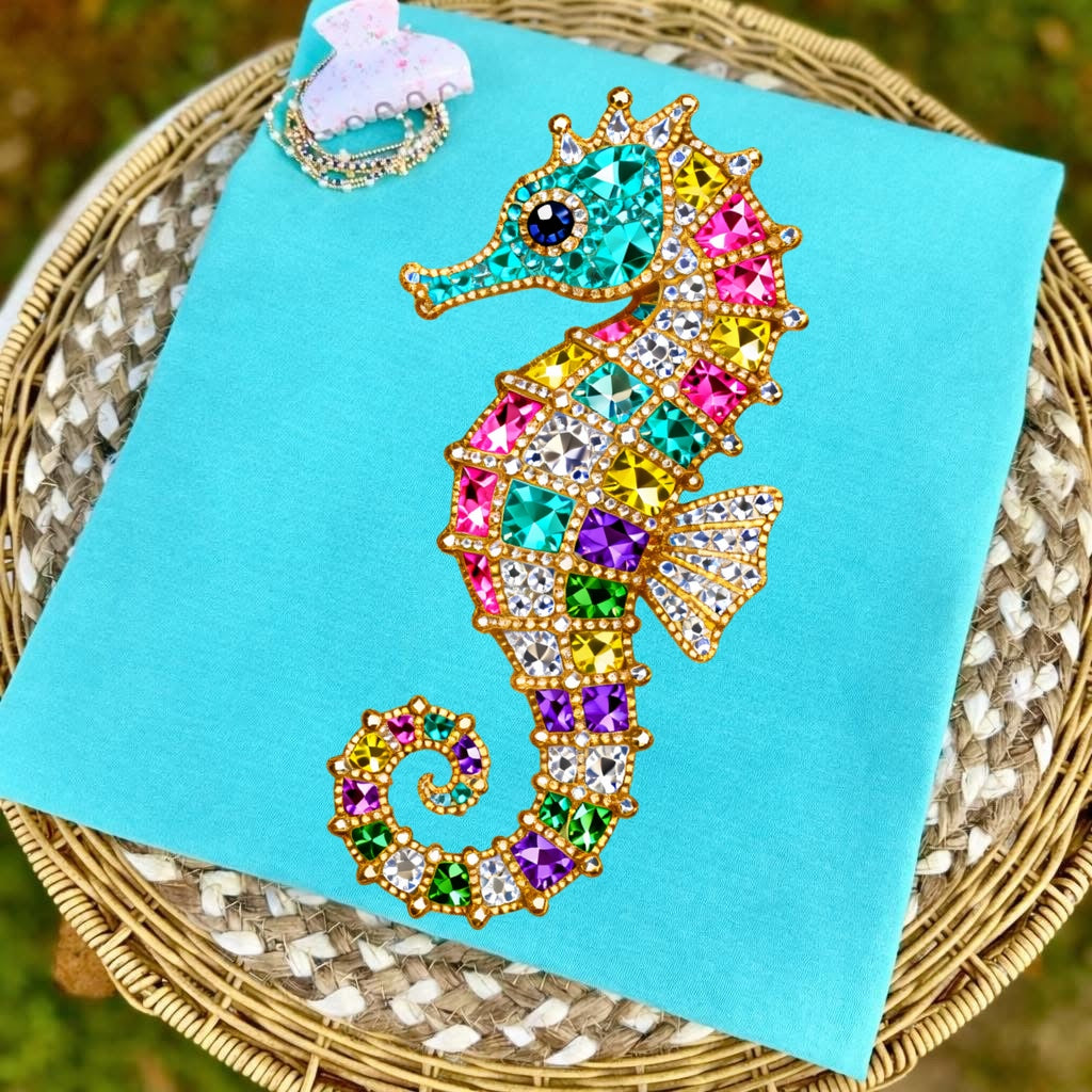 gemstone seahorse clear film screen print