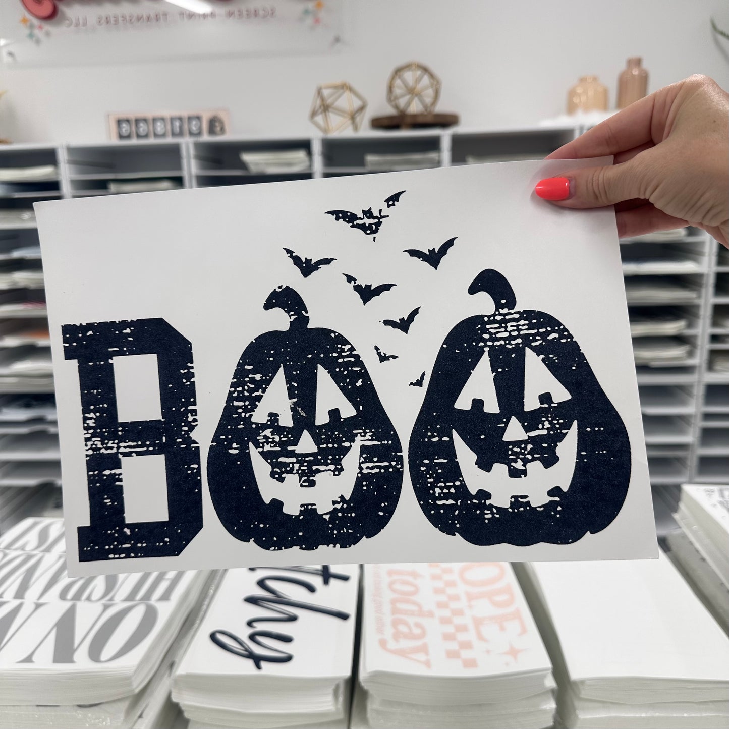 BOO distressed black ink screen print transfer•