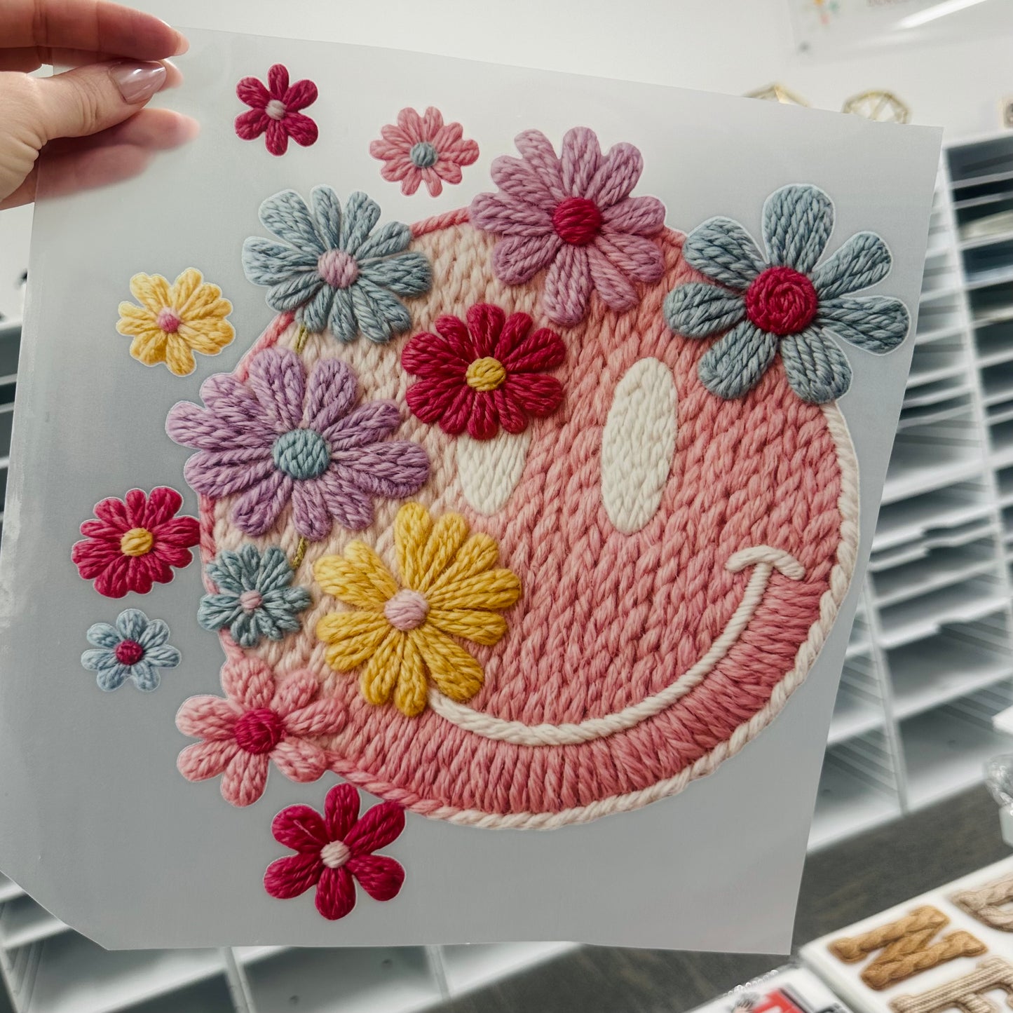 floral smile faux yarn clear film screen print