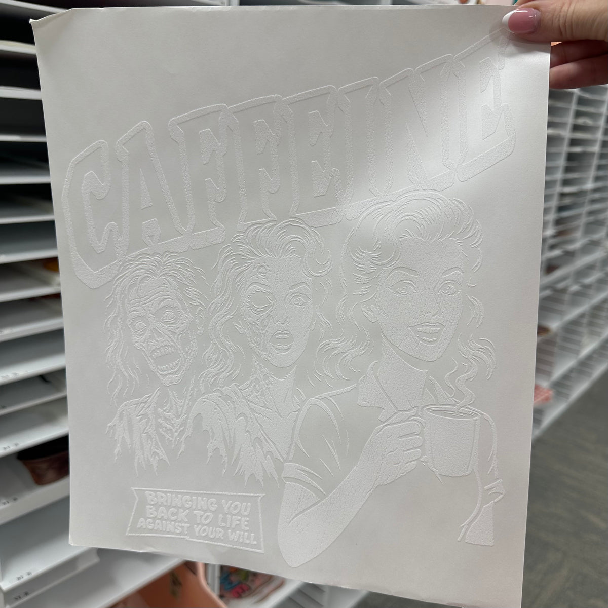 caffeine brings you back to life screen print transfer•
