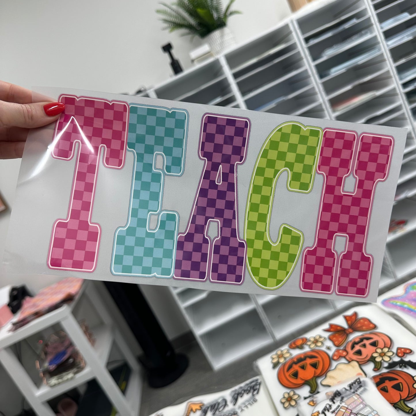 checker TEACH clear film screen print