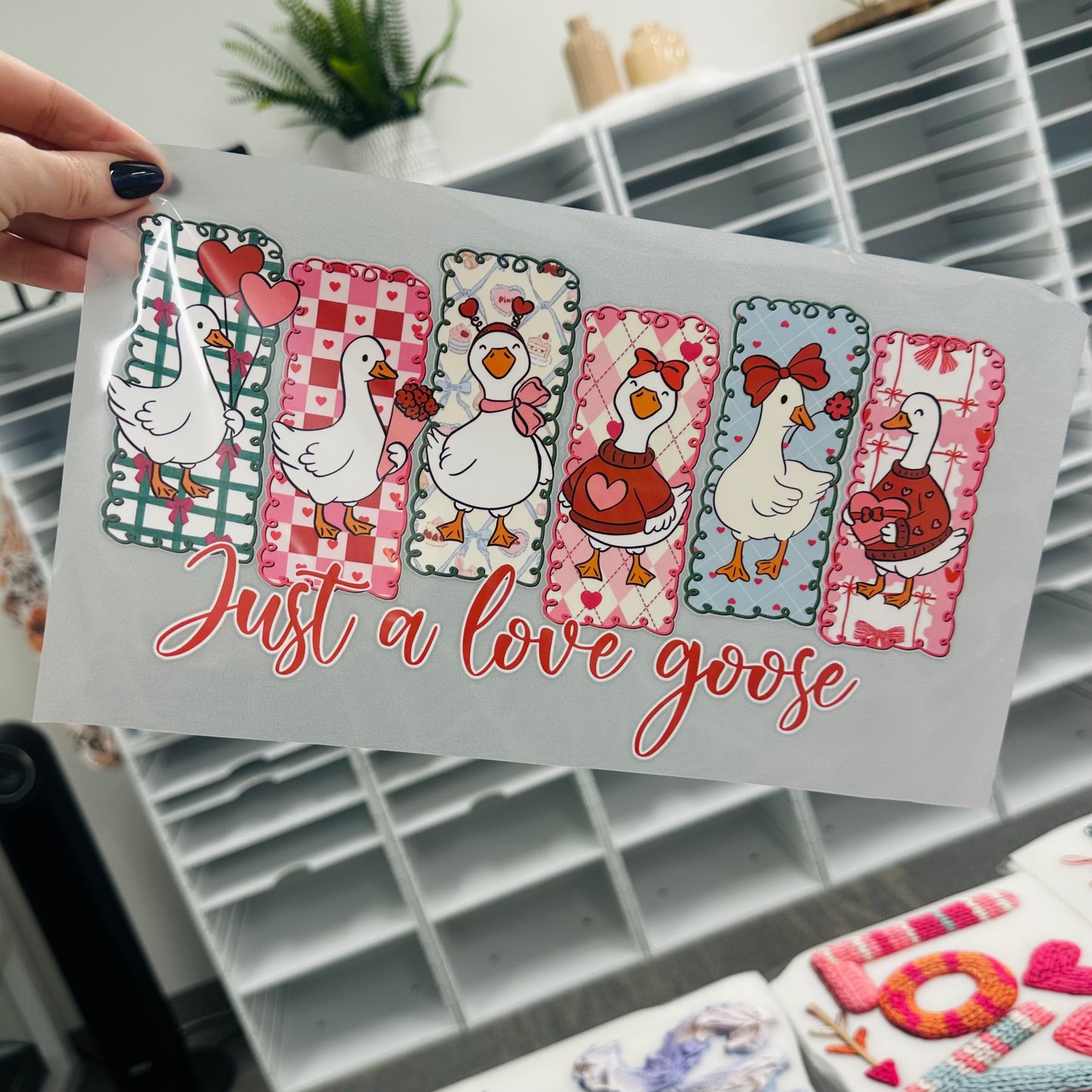 just a love goose clear film screen print