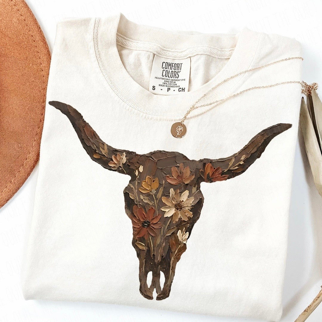 floral bull skull clear film screen print