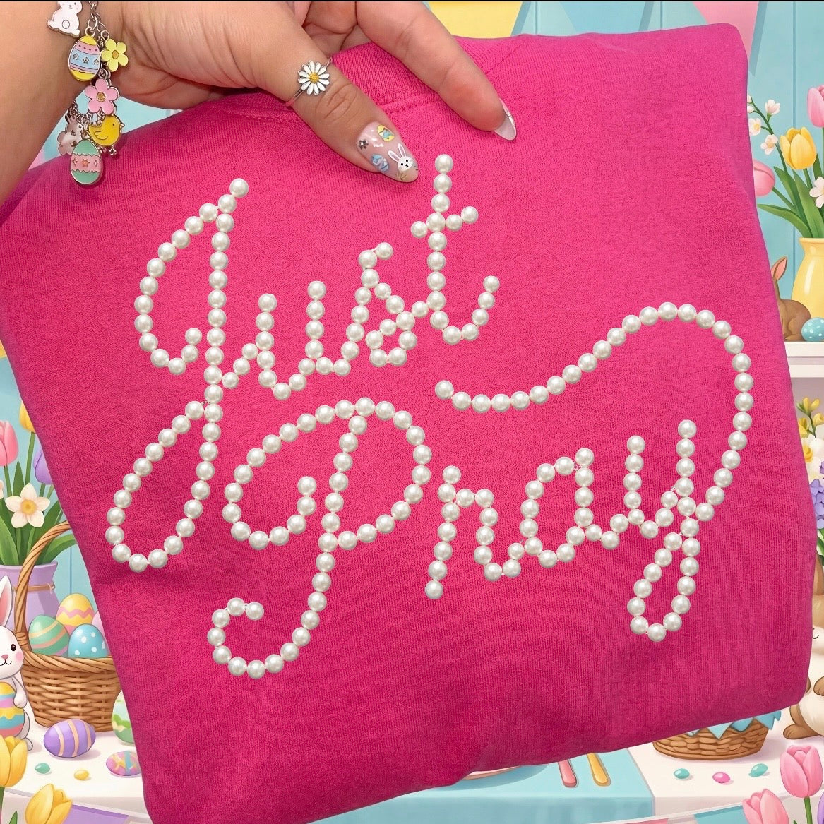 Just Pray pearls clear film screen print
