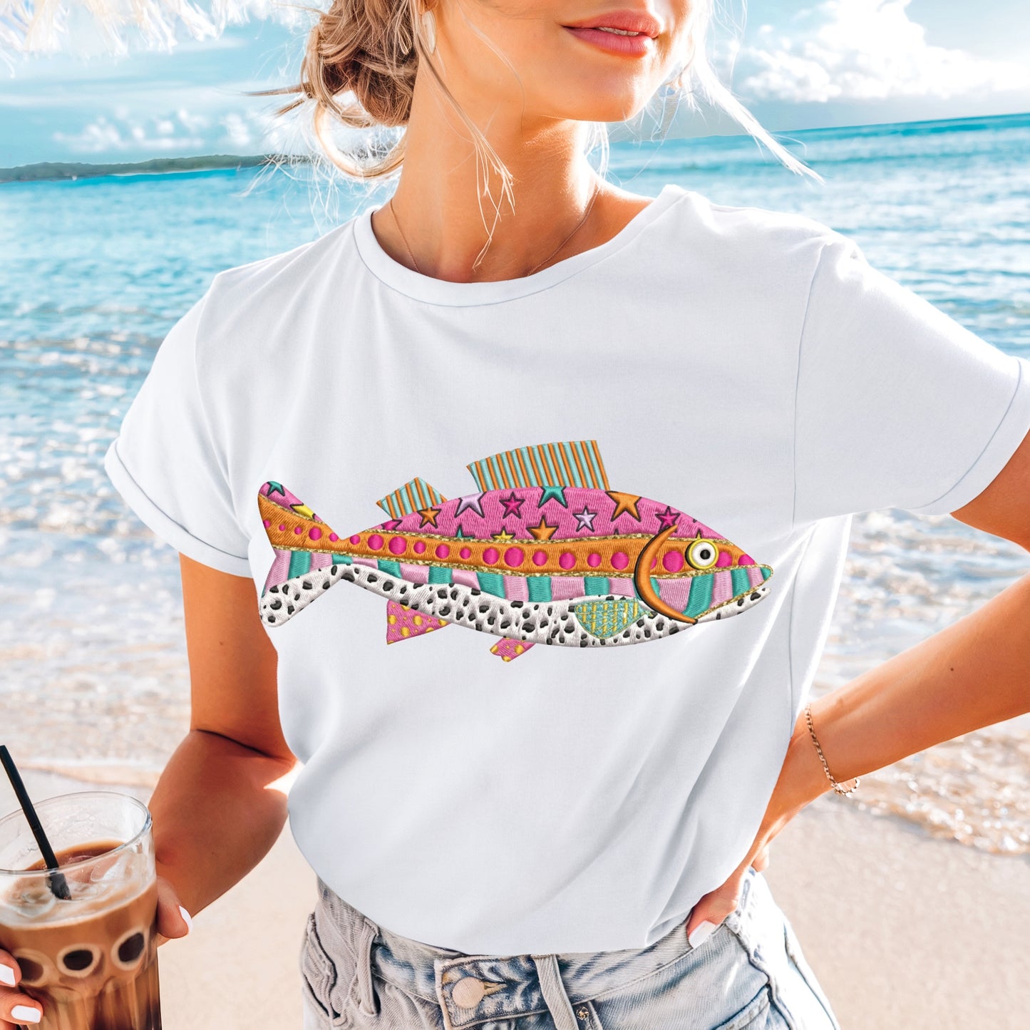 faux embrioidered fish clear film screen print•