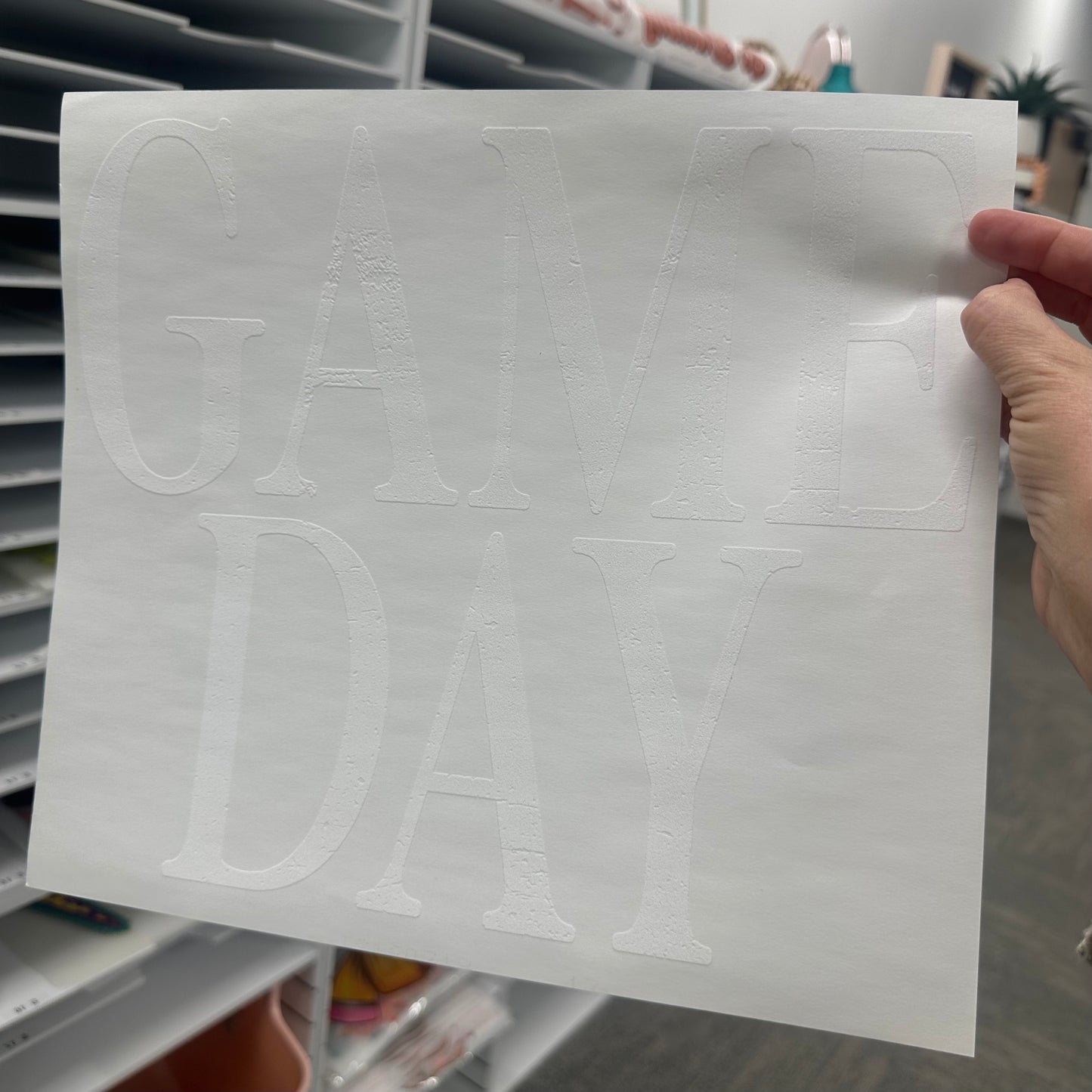white distressed Game Day screen print transfer•