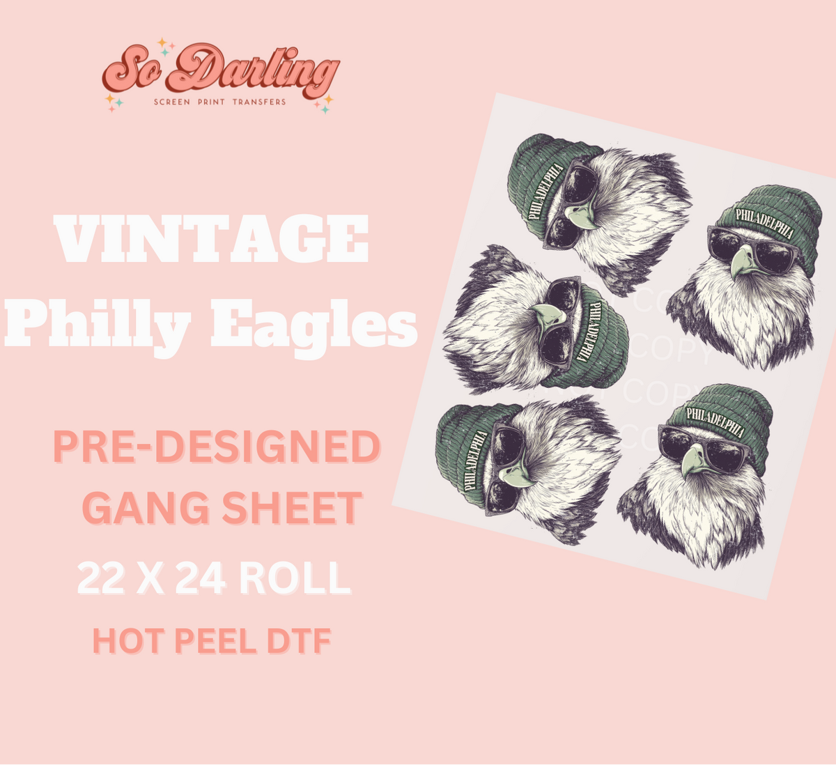 The image shows a collection of vintage-style Philadelphia Eagles branded graphics, featuring illustrations of eagles wearing sunglasses and a green cap, with the text 'Vintage Philadelphia Eagles' and 'Pre-designed GANG SHEET'.