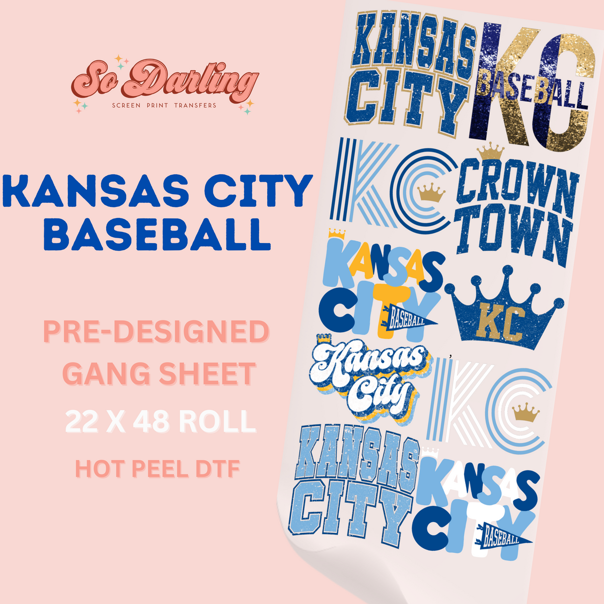 A pre-designed gang sheet for Kansas City baseball with various team logos and text, intended for use with a hot peel DTG process.