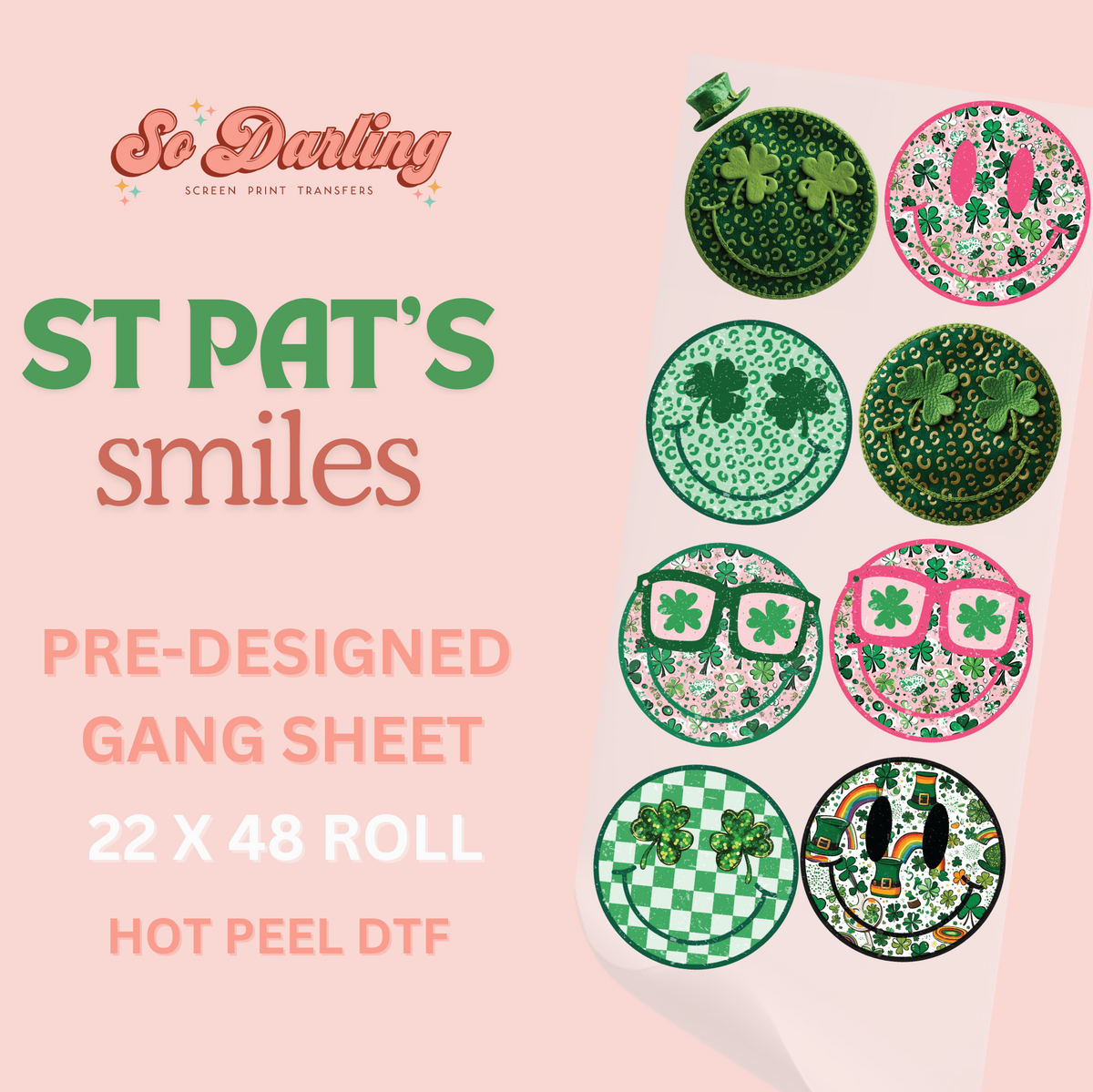 A collection of pre-designed circular DTG prints for St. Patrick's Day apparel, showcasing various green and clover patterns.