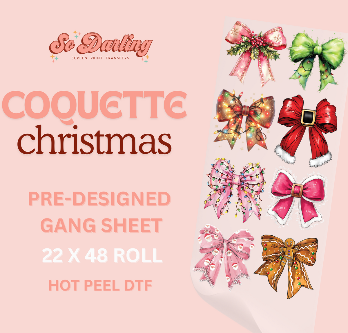 A collection of pre-designed Christmas themed DTF (Direct to Film) gang sheet embellishments from So Darling, featuring various festive bows and ribbons in multiple colors.