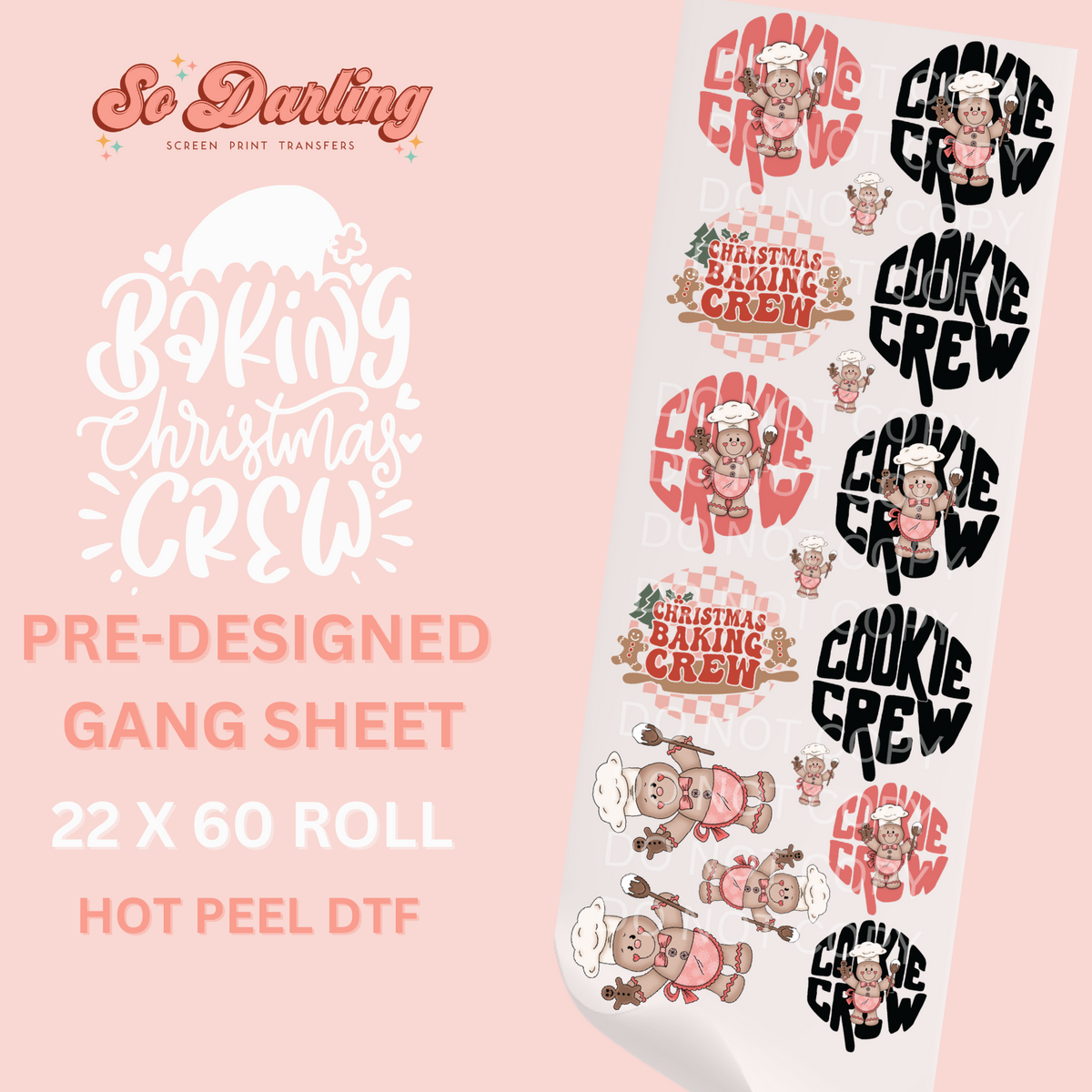 A digital image showing a pre-designed Christmas baking crew gang sheet, which is a type of decorative transfer for fabric. The sheet includes various designs with text and cookie illustrations in a festive theme.
