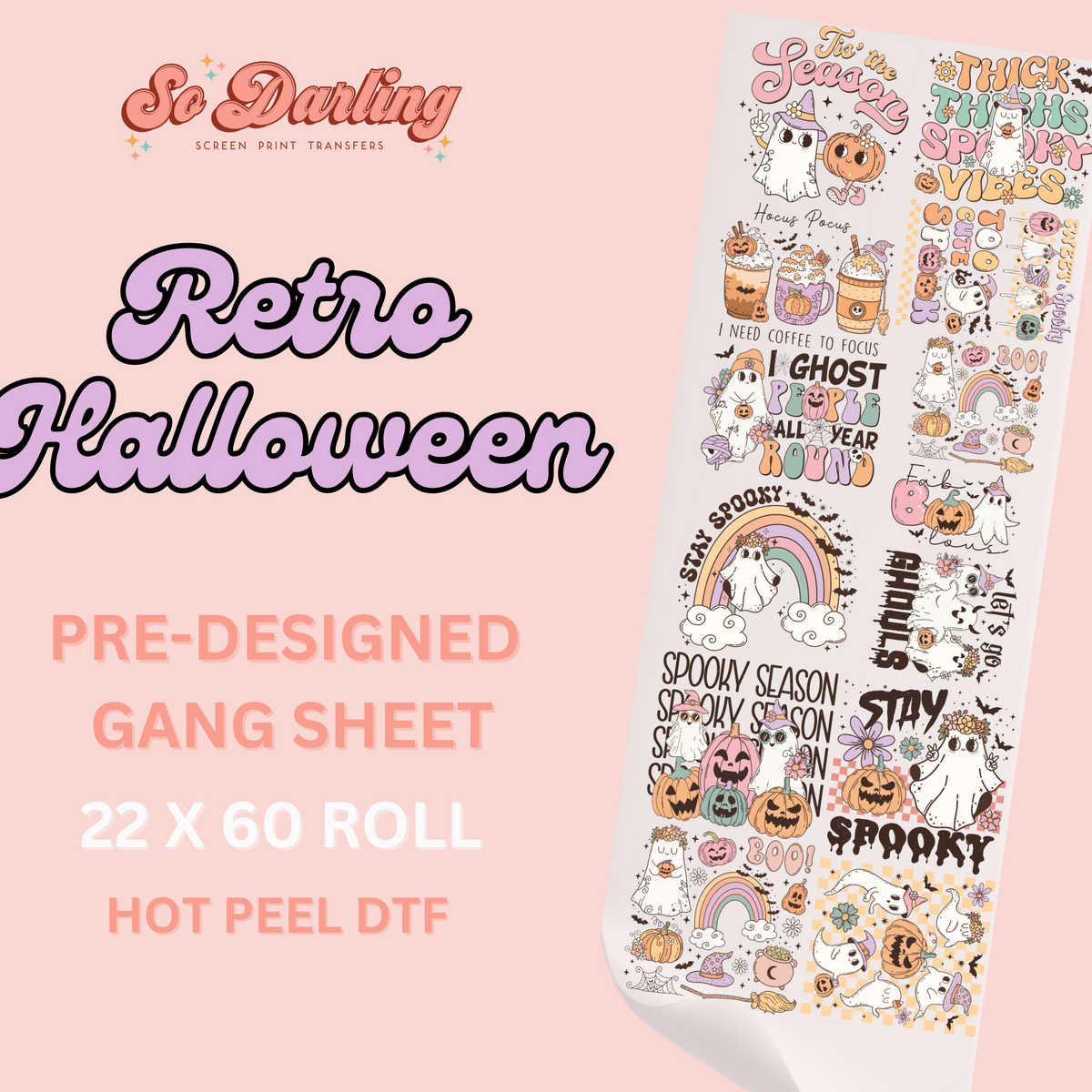 Pre-designed Halloween-themed gang sheet with various characters and text, intended for use in crafting.