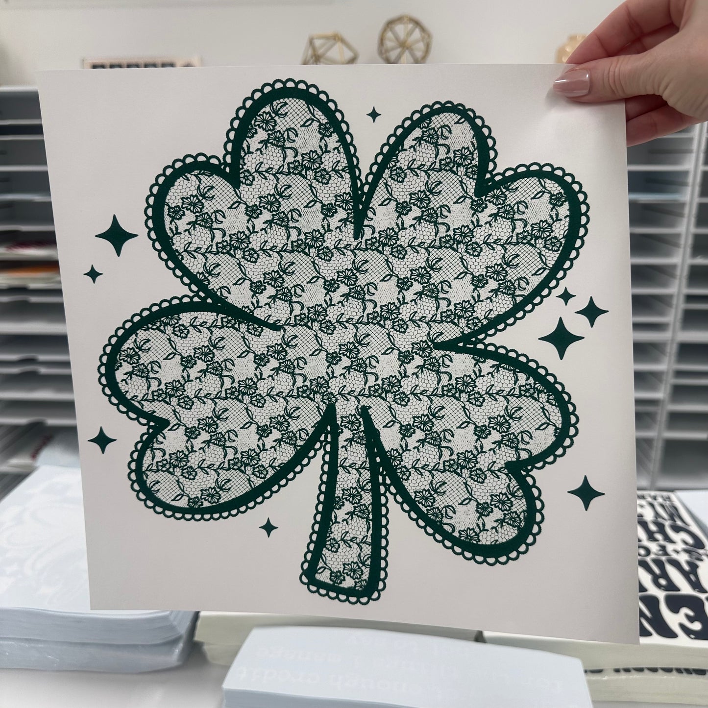 Lace shamrock dark green screen print transfer•