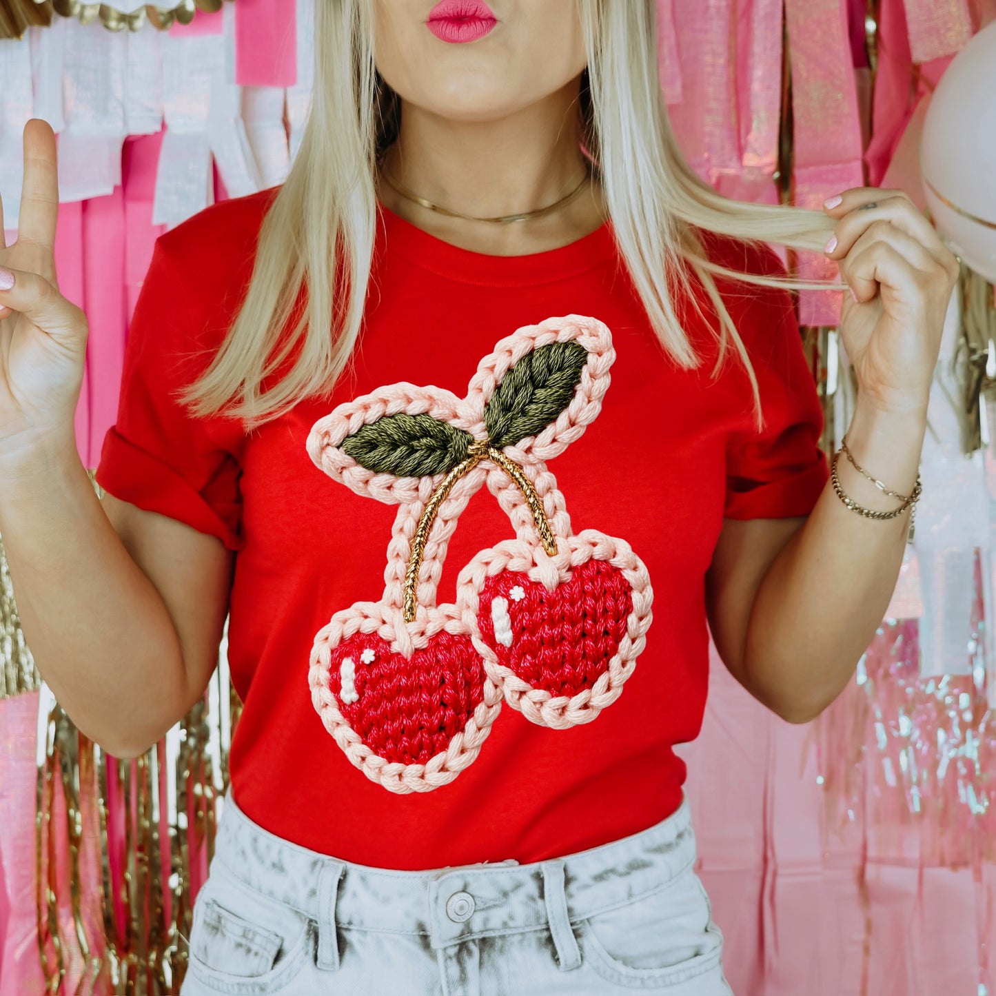 Faux yarn cherries clear film screen print