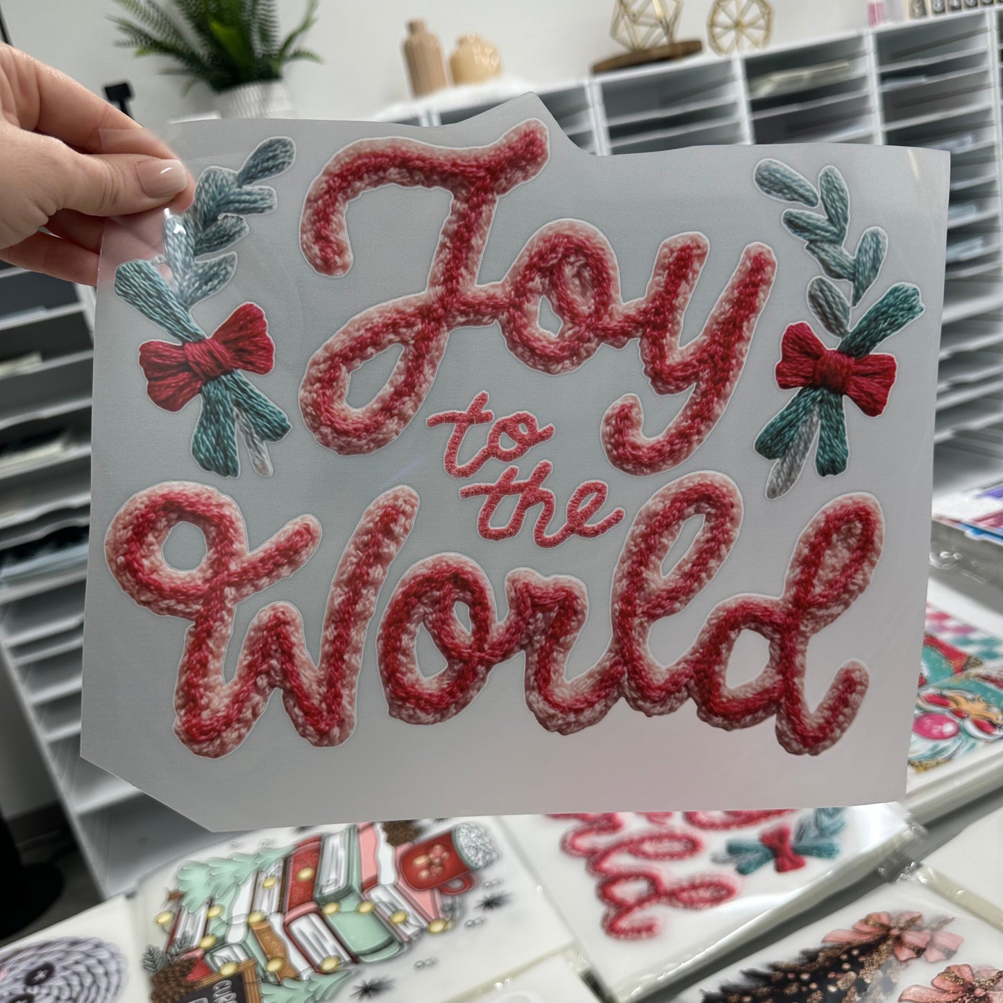 Joy to the world faux yarn clear film transfer