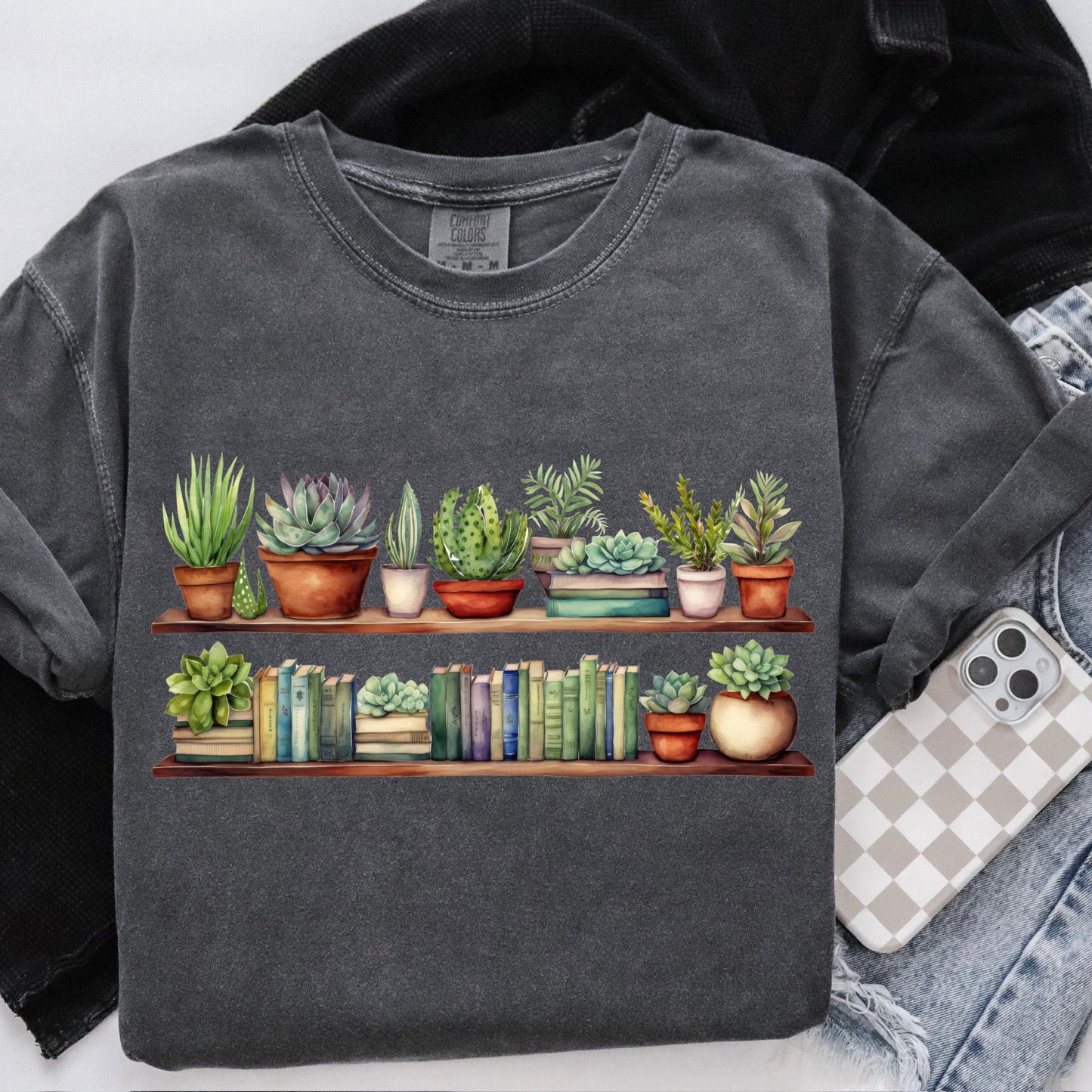 Succulent book shelf clear film screen print