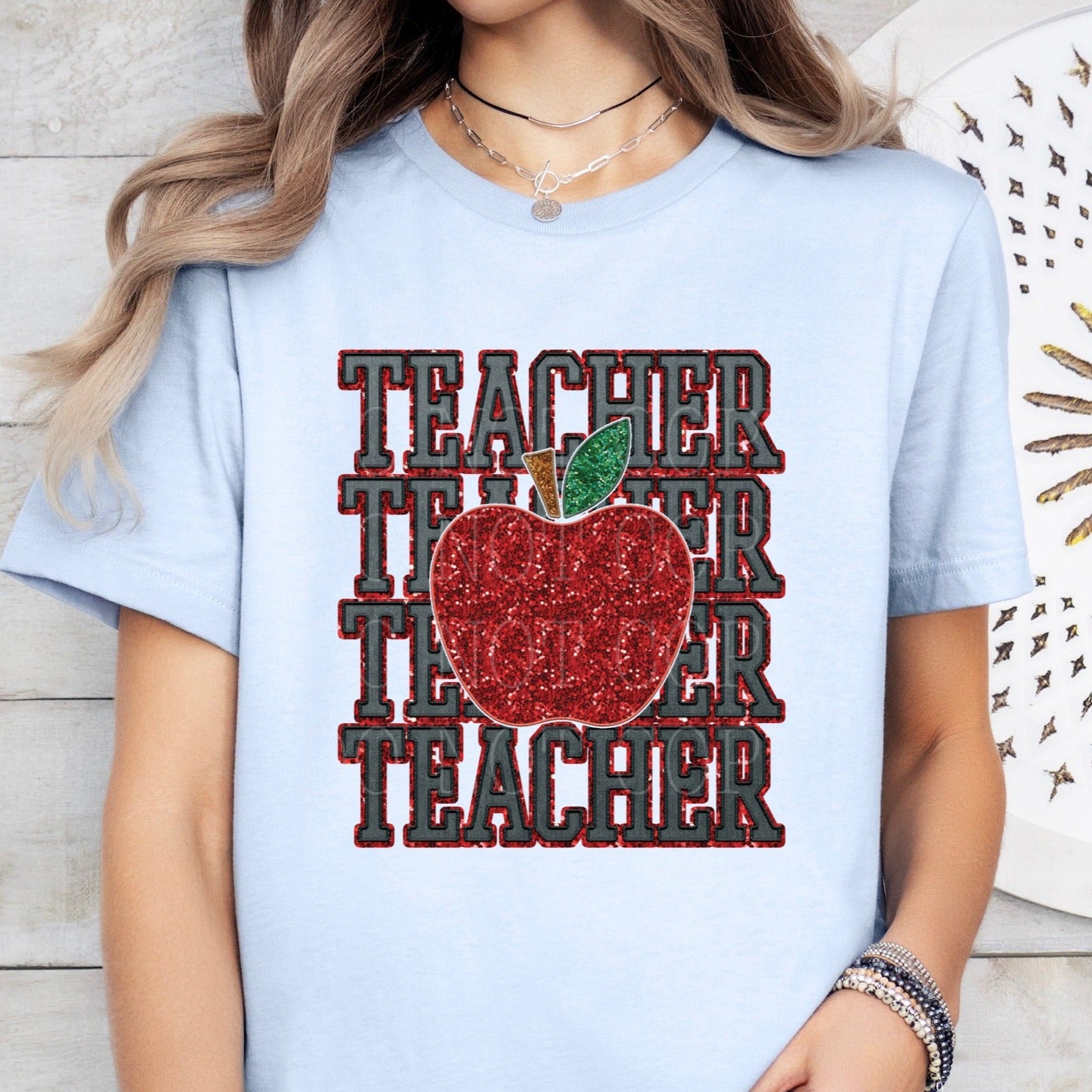 teacher apple faux glitter clear film transfer