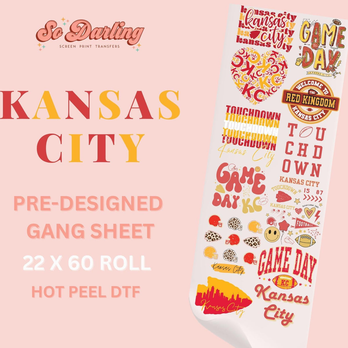 Pre-designed Kansas City themed dtf gang sheet with various sports graphics and text, to be used for custom printing on fabric.