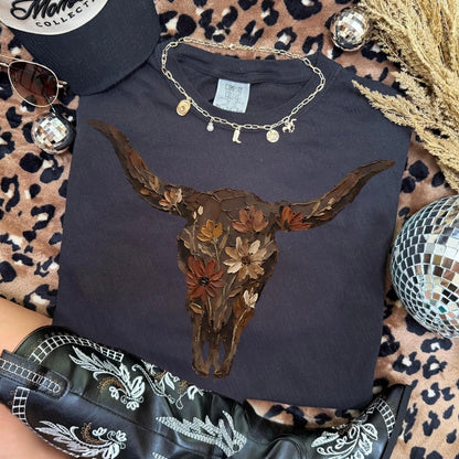 floral bull skull clear film screen print