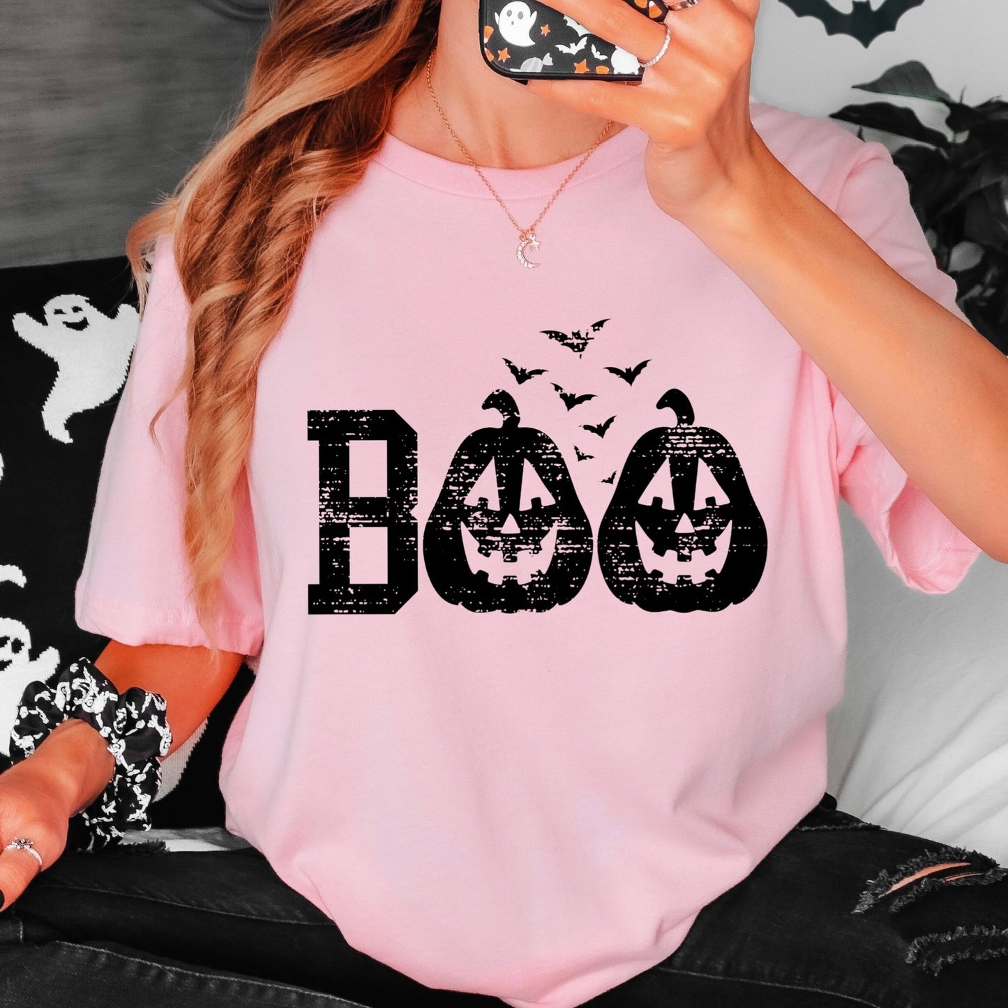 BOO distressed black ink screen print transfer•