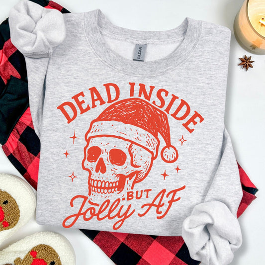 Gray sweatshirt with a red skull graphic and text on a white background