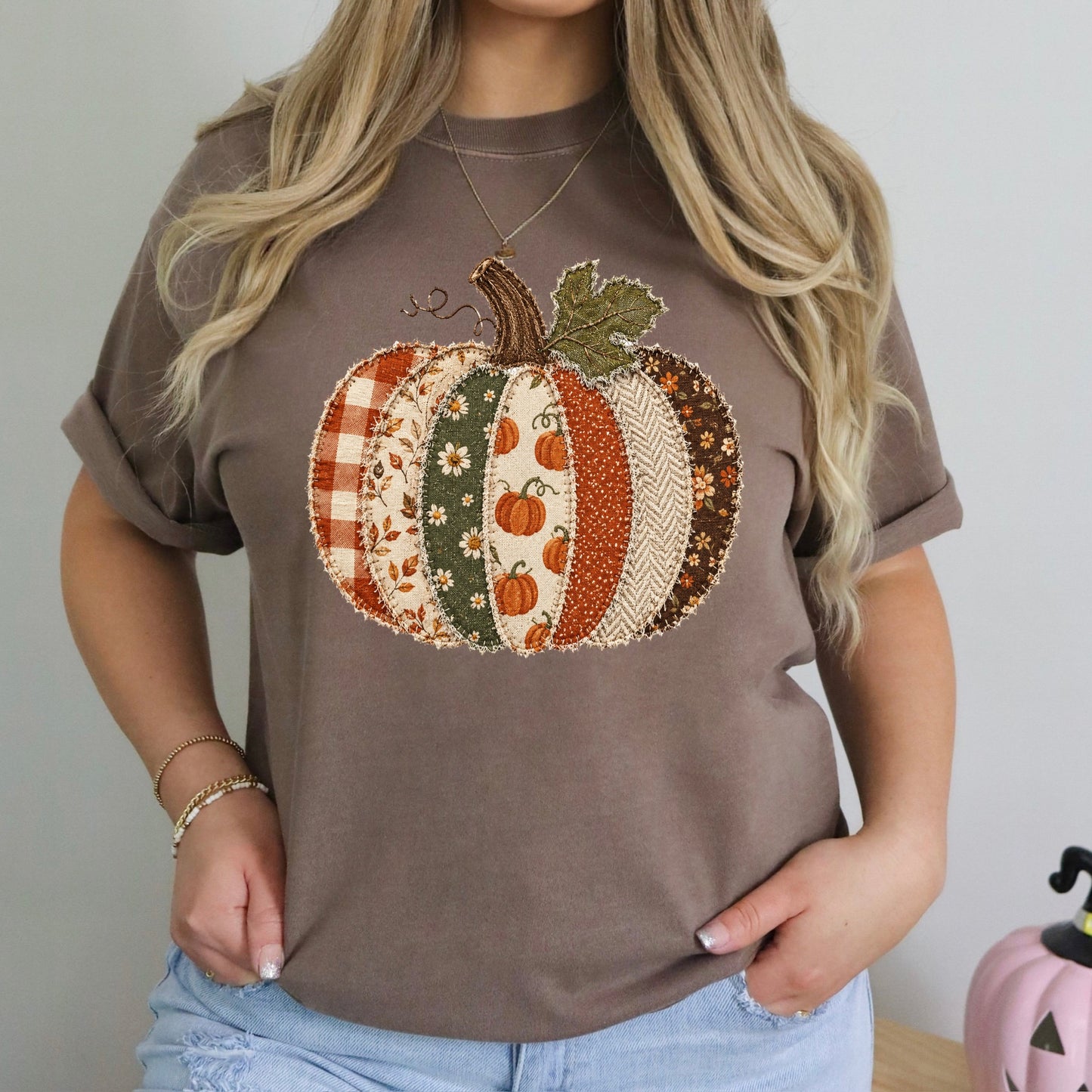 patchwork burlap pumpkin clear film screen print