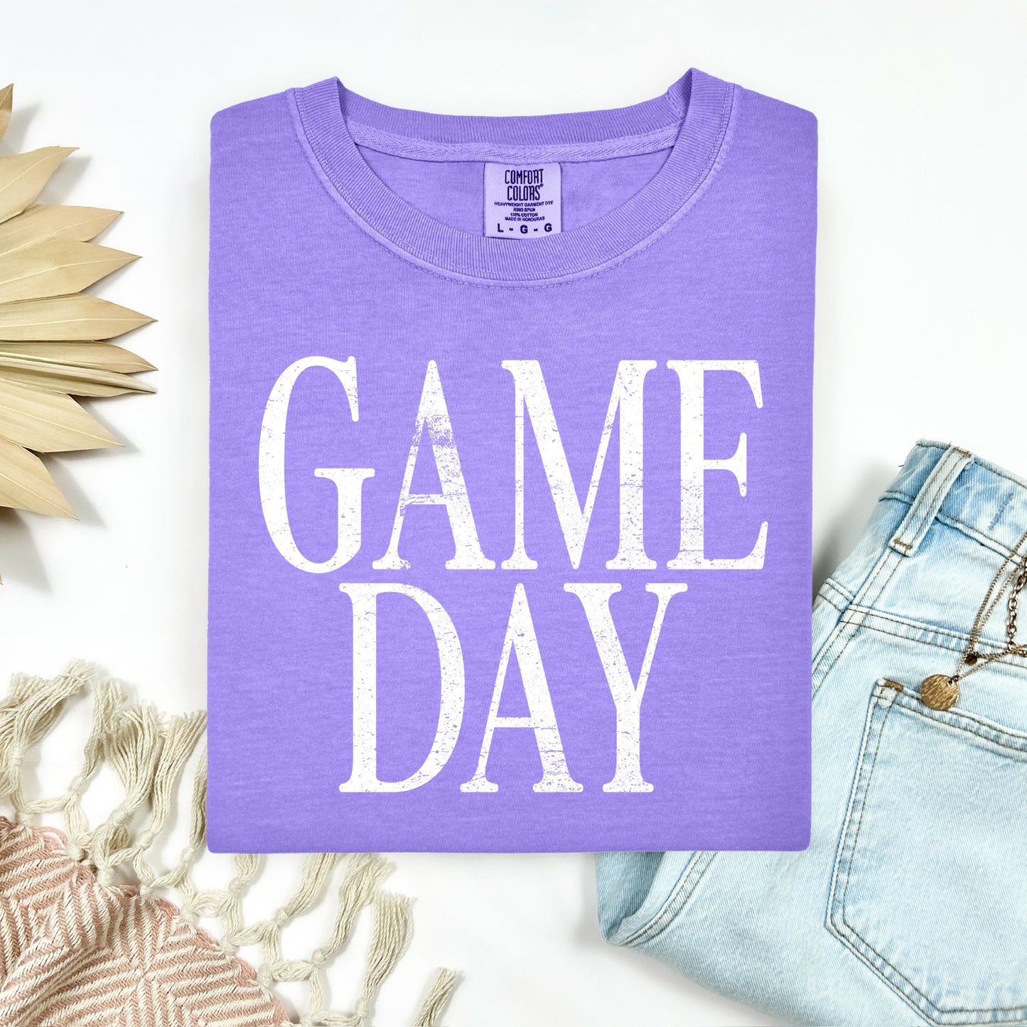 white distressed Game Day screen print transfer•