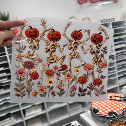dancing skeletons fall floral clear film screen print