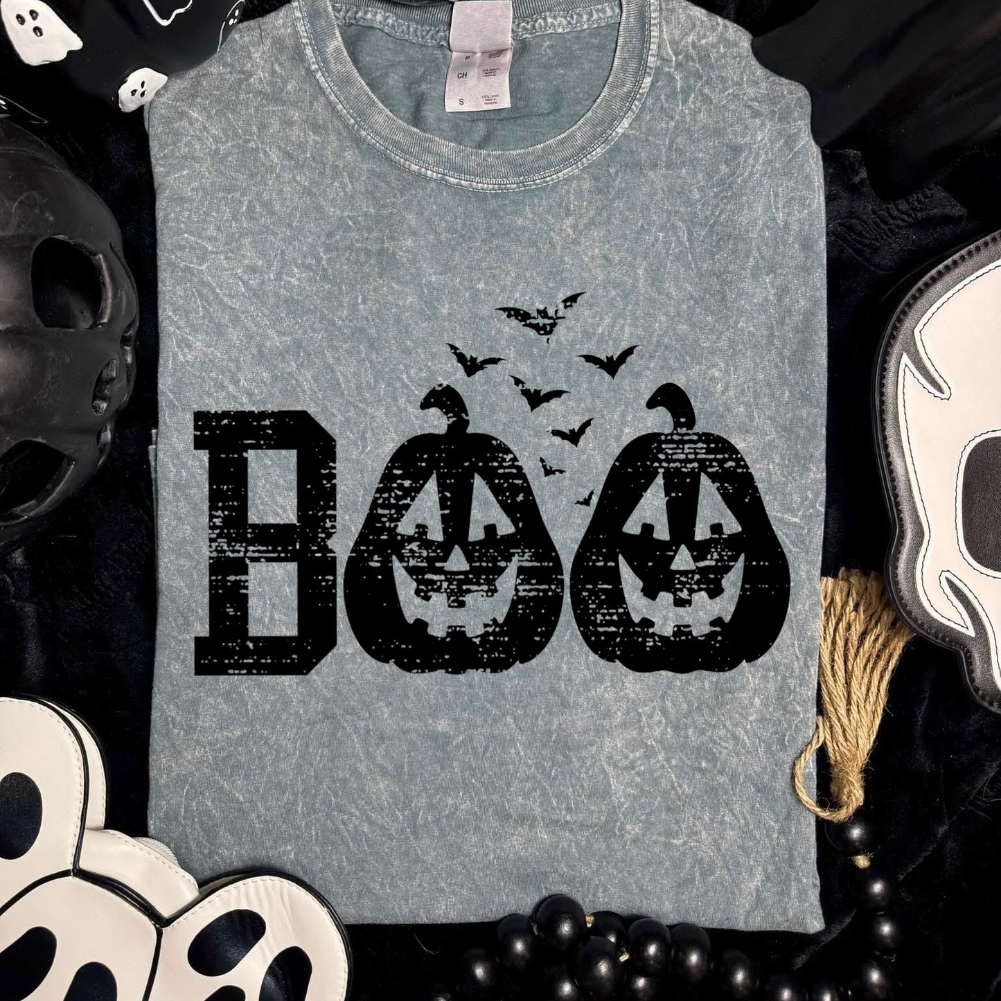 BOO distressed black ink screen print transfer•
