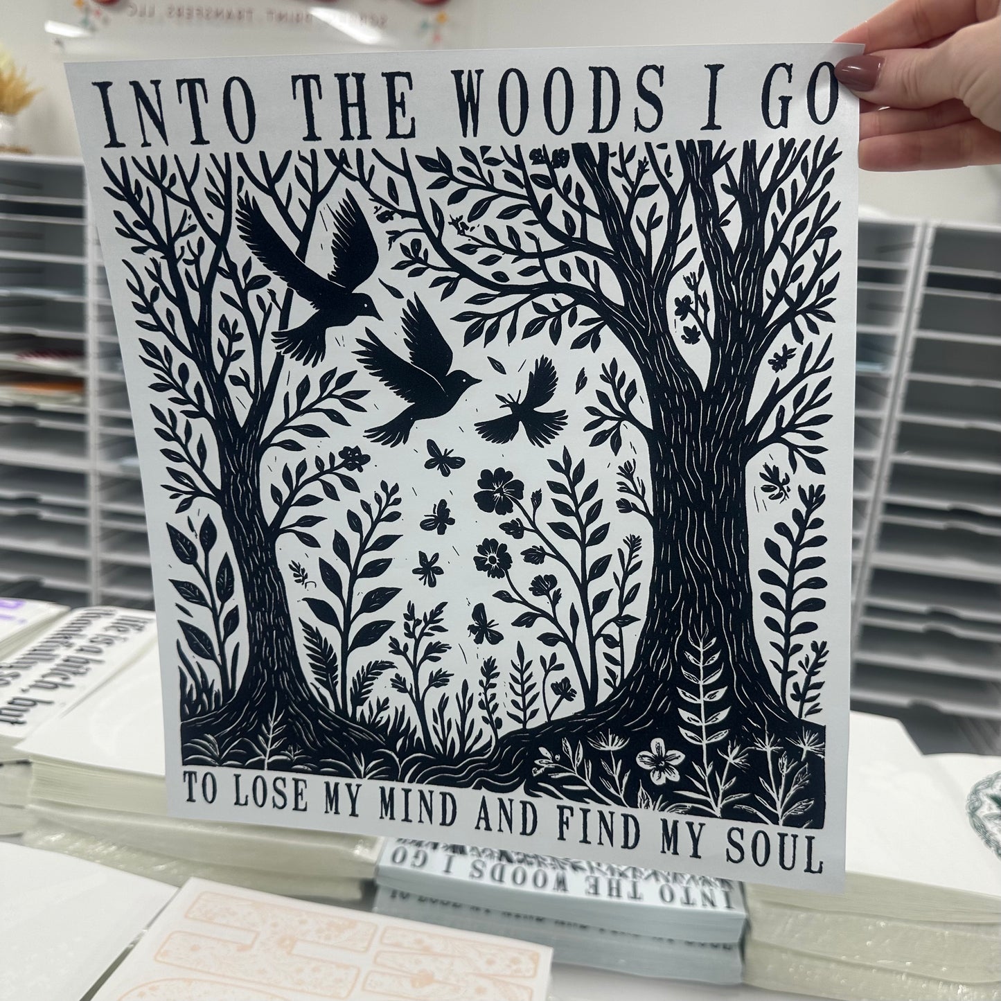 Into the woods I go screen print transfer