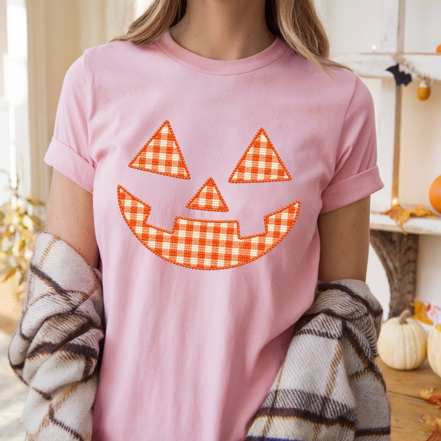 faux stitched pumpkin face clear film screen print