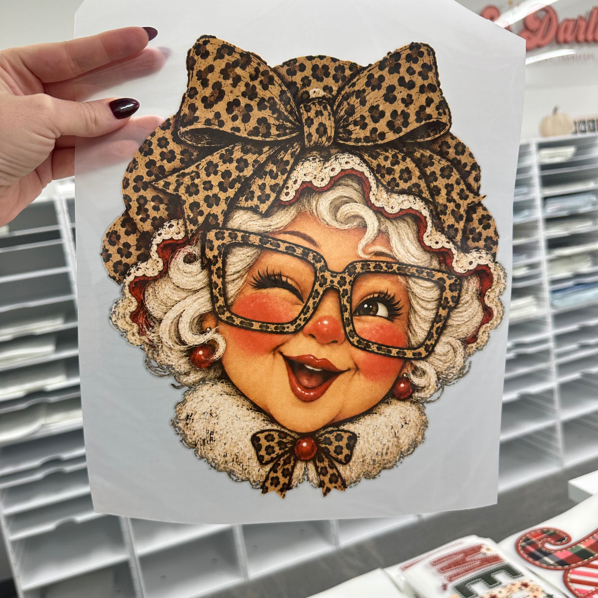 Leopard MRS CLAUS clear film screen print