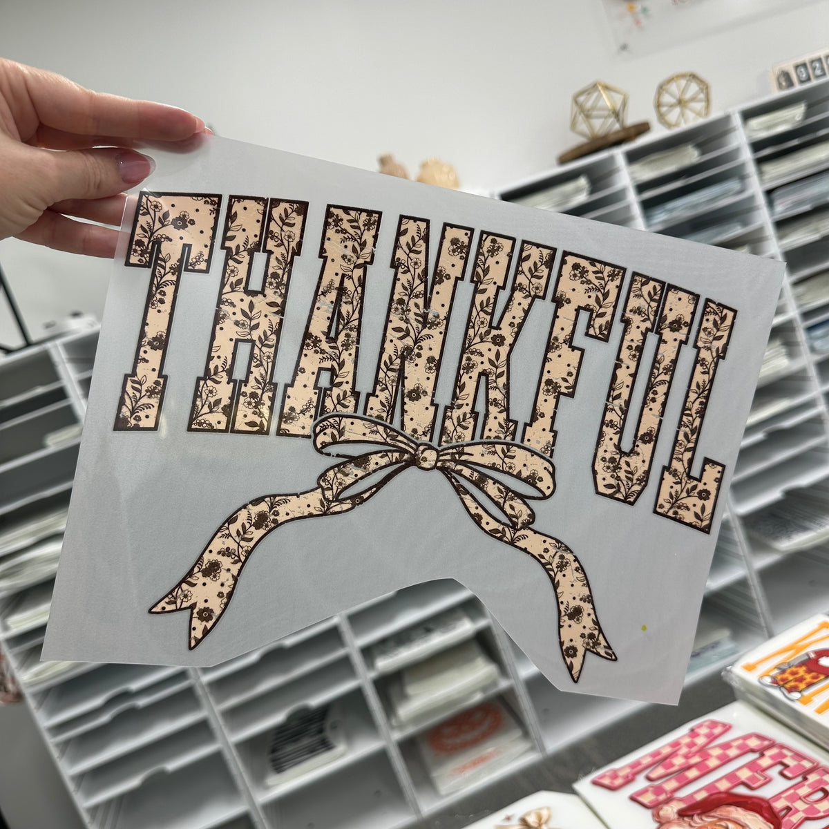 neutral floral thankful clear film screen print