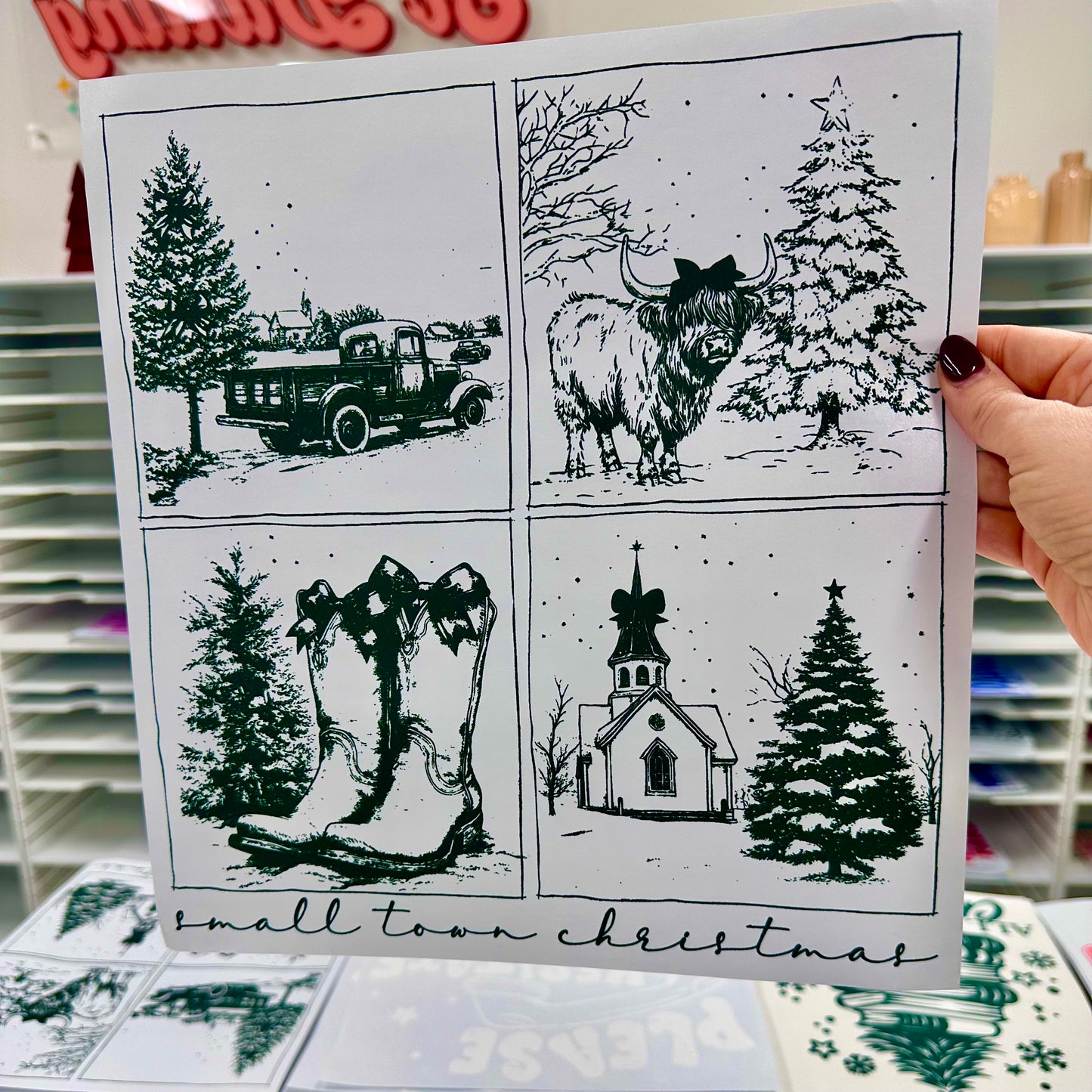 small town christmas screen print transfer