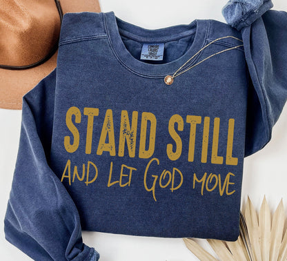 metallic gold stand still let God move screen print transfer•