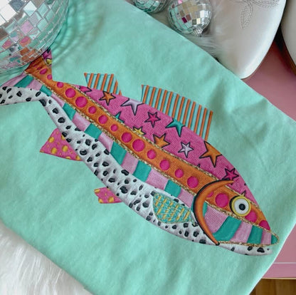 faux embrioidered  fish clear film screen print•