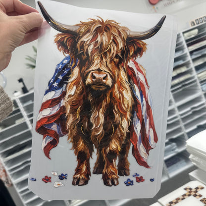 american flag highland cow clear film screen print