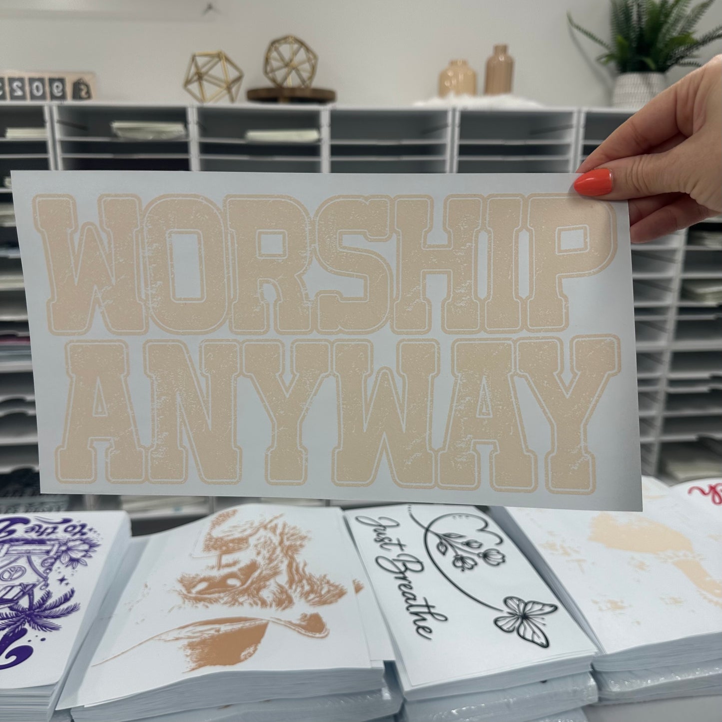 beige ink WORSHIP ANYWAY screen print transfer•