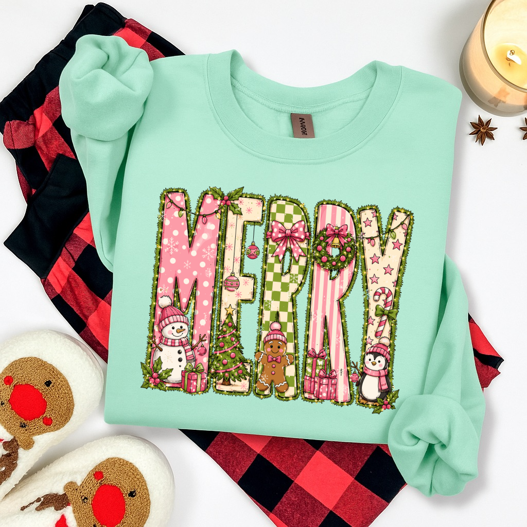 MERRY pink + green clear film screen print