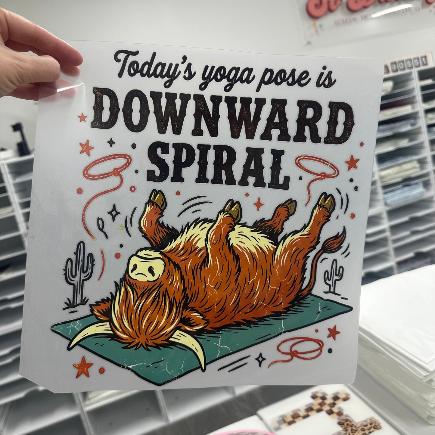 downward spiral clear film screen print