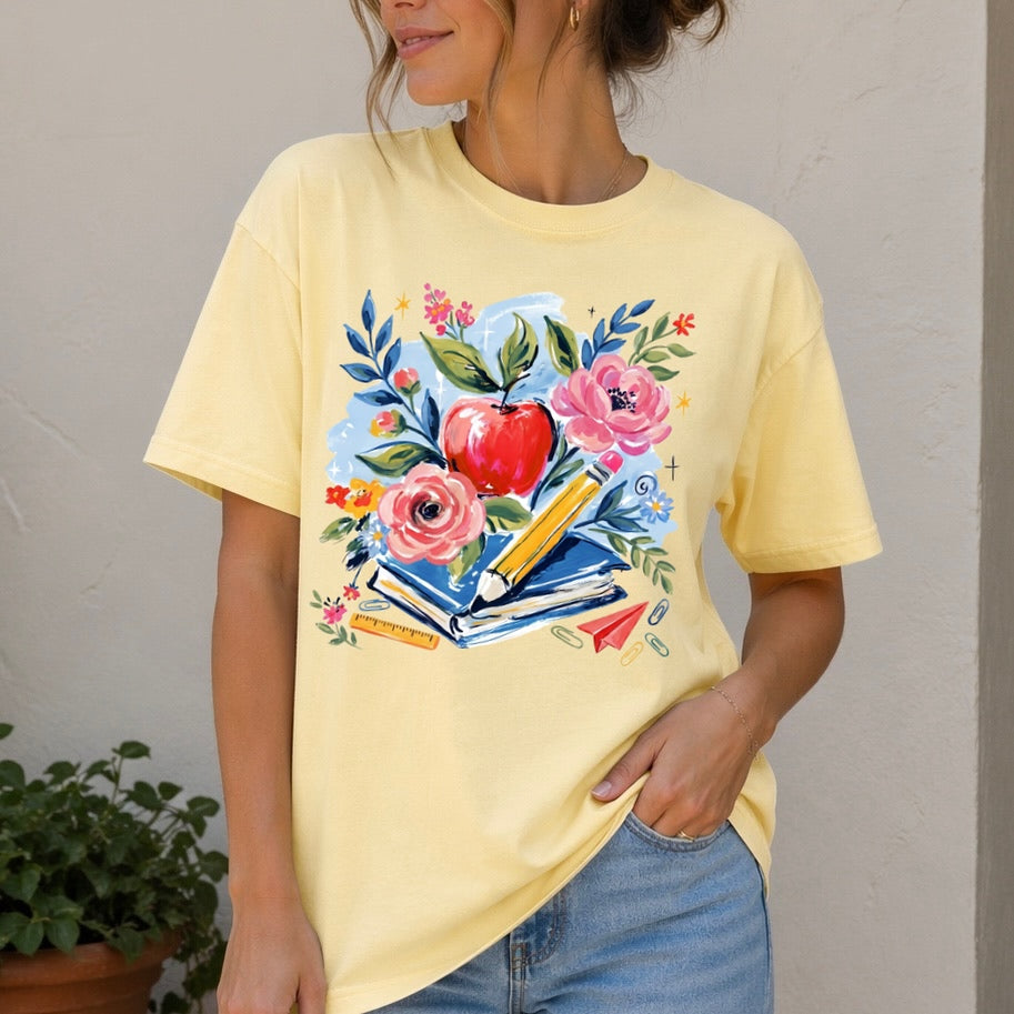 floral back to school apple clear film screen print
