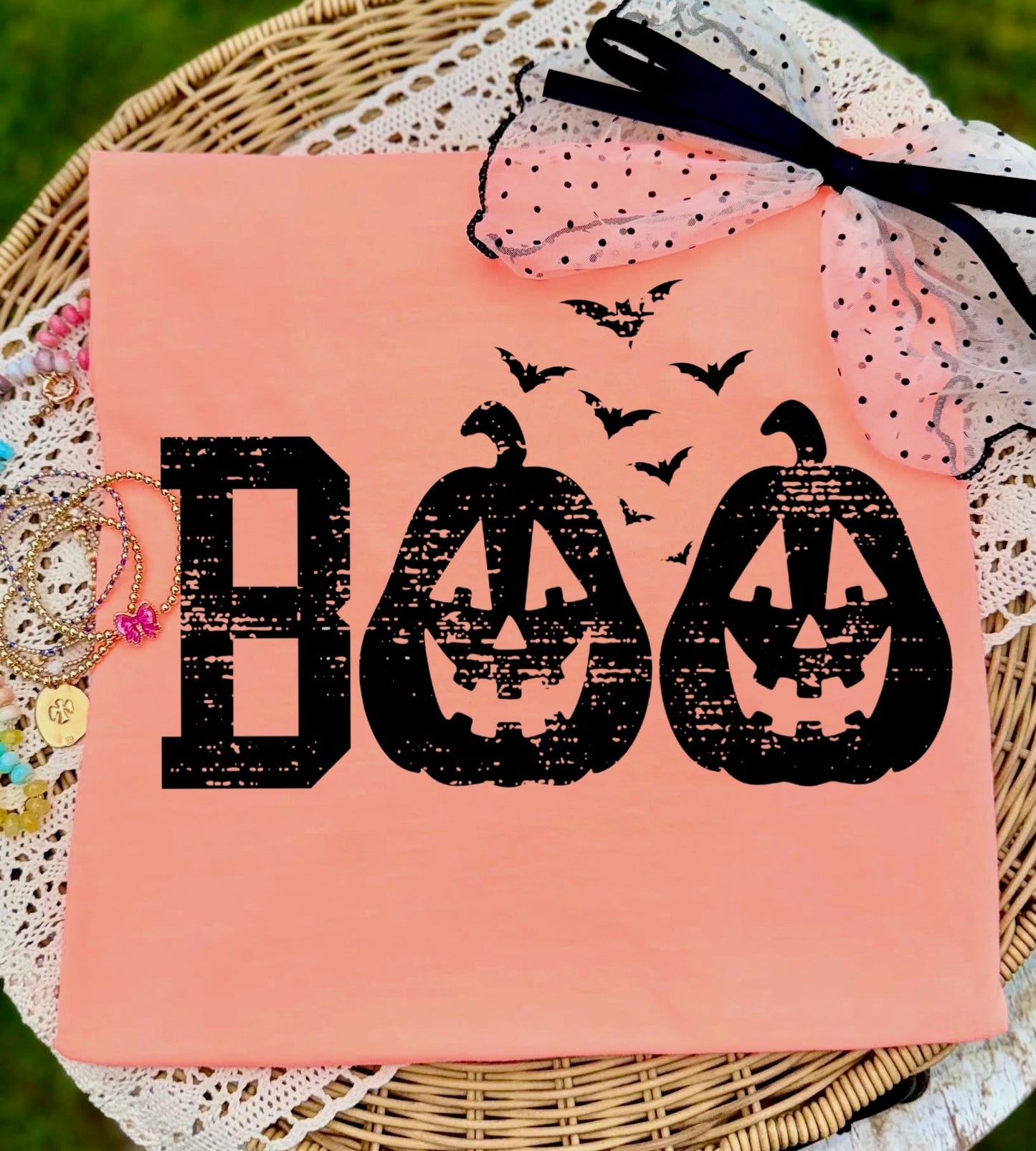 BOO distressed black ink screen print transfer•