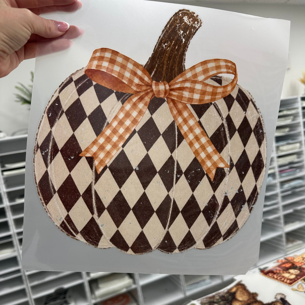diamond checker pumpkin clear film screen print